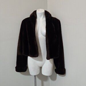 (Fits S-M) 70s-80s(?) Vintage Sable Brown Faux Fur Open Front Jacket Coat